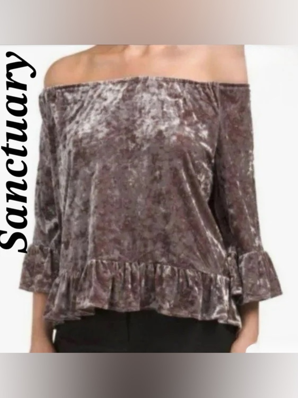 Sanctuary Off-Shoulder Crushed Velvet Ruffle Top - Brown
